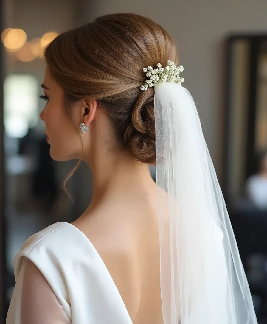 1. Timeless Chignon with a Cathedral Veil