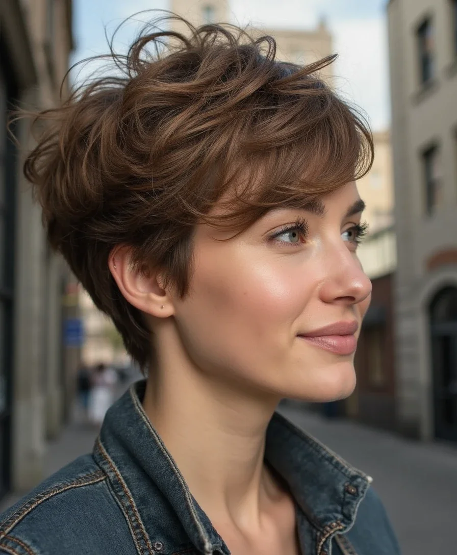12. Layered Pixie for Round Faces