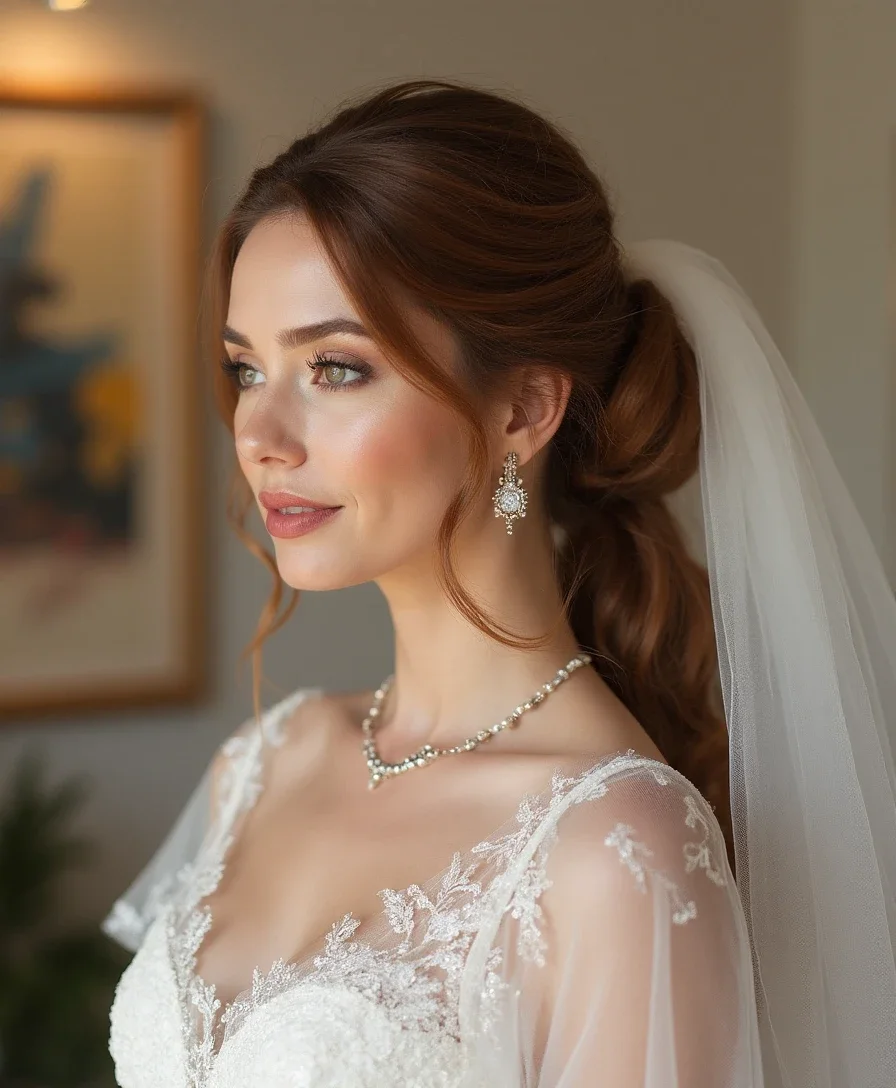 13. Low Ponytail with a Blusher Veil