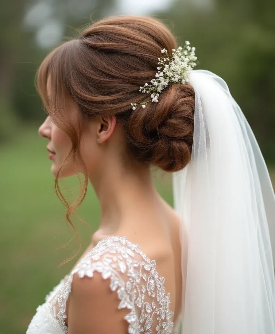 14. Textured Updo with a Flyaway Veil