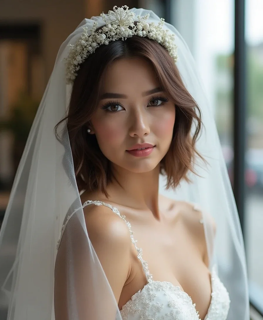 15. Sleek Bob with a Bandeau Veil