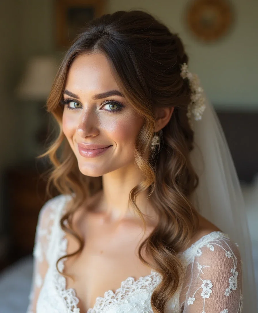 4. Romantic Half-Up, Half-Down with a Lace Veil