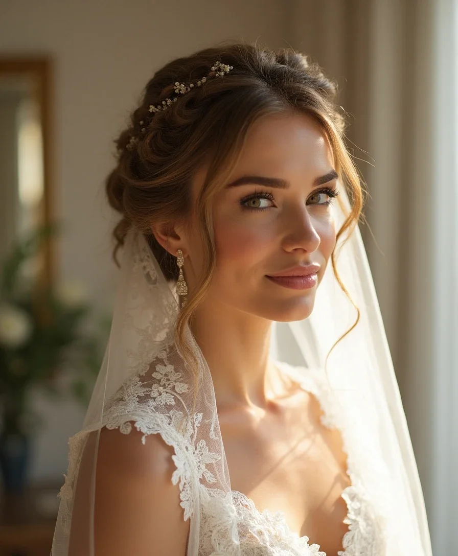 5. Braided Crown with a Fingertip Veil