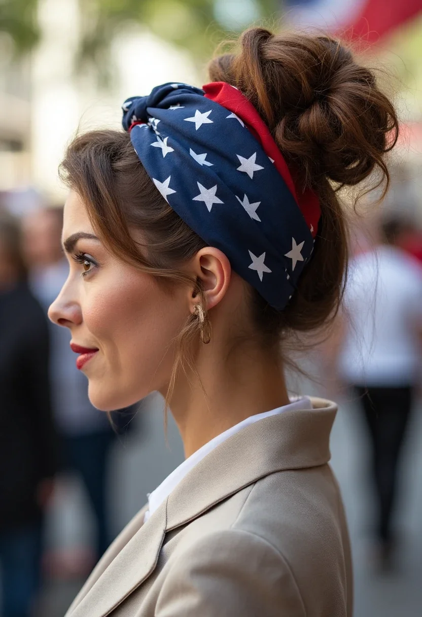 5. Messy Bun with Flag Bandana