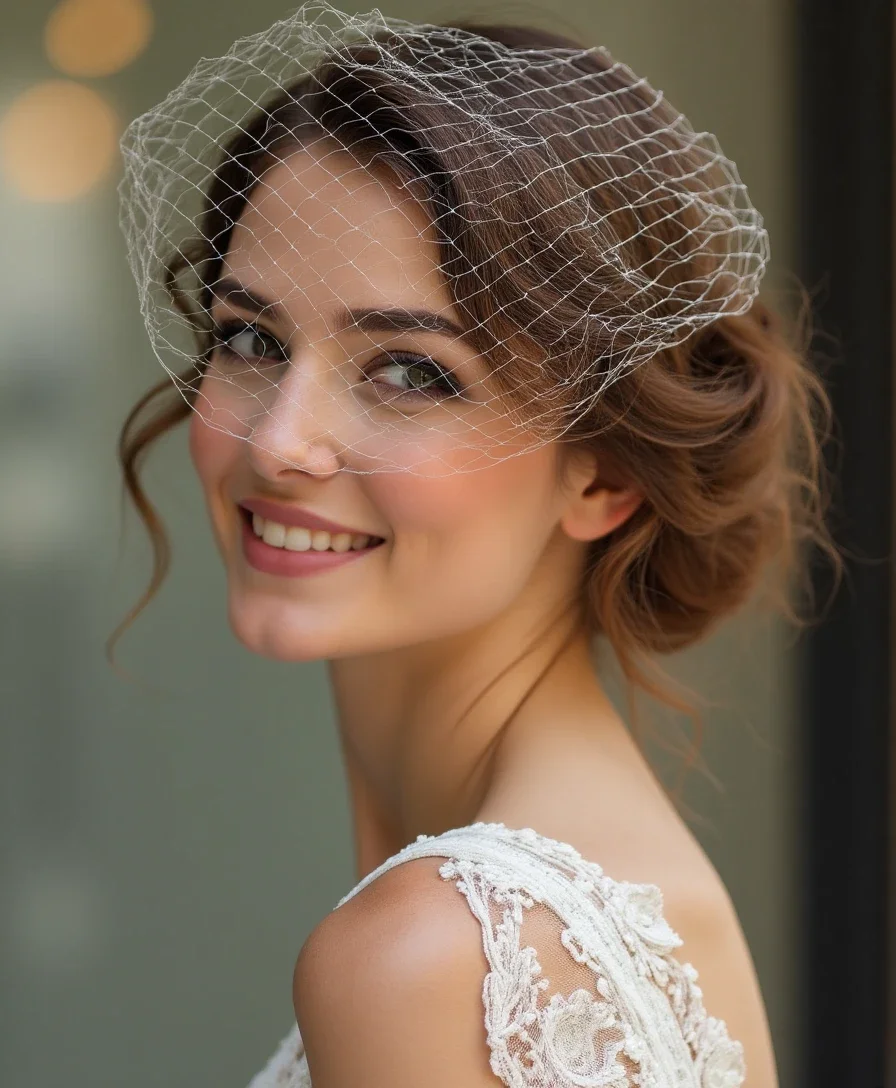 7. Messy Updo with a Birdcage Veil