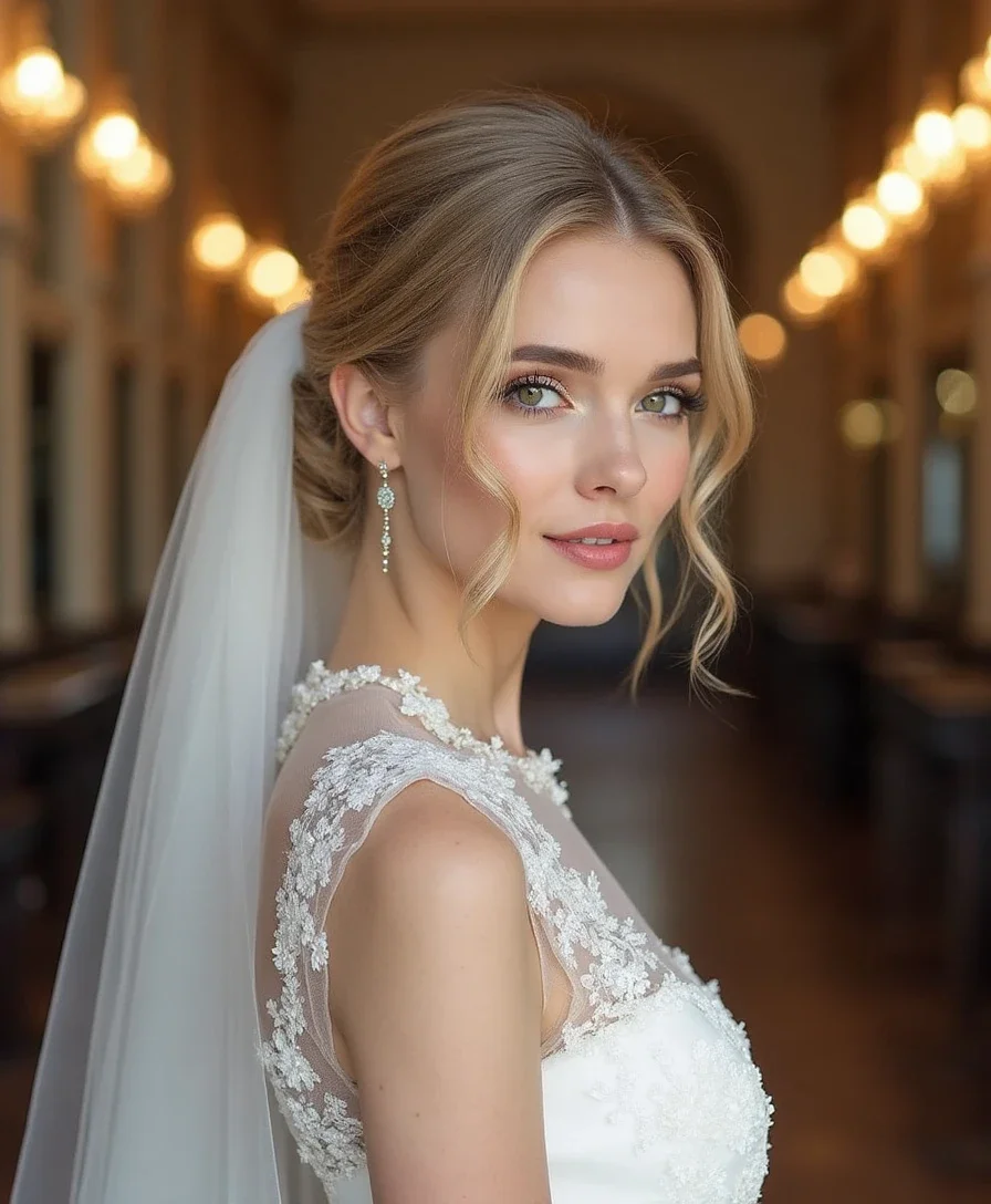 8. Classic French Twist with a Chapel Veil