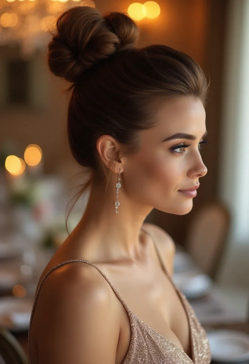 9. Sleek High Bun with Glitter Parting