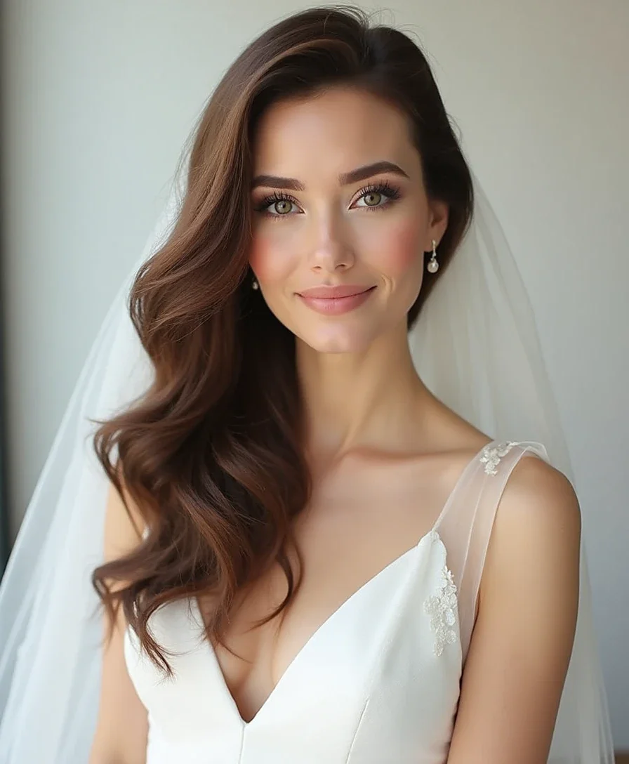 10. Side-Swept Waves with a Shoulder-Length Veil