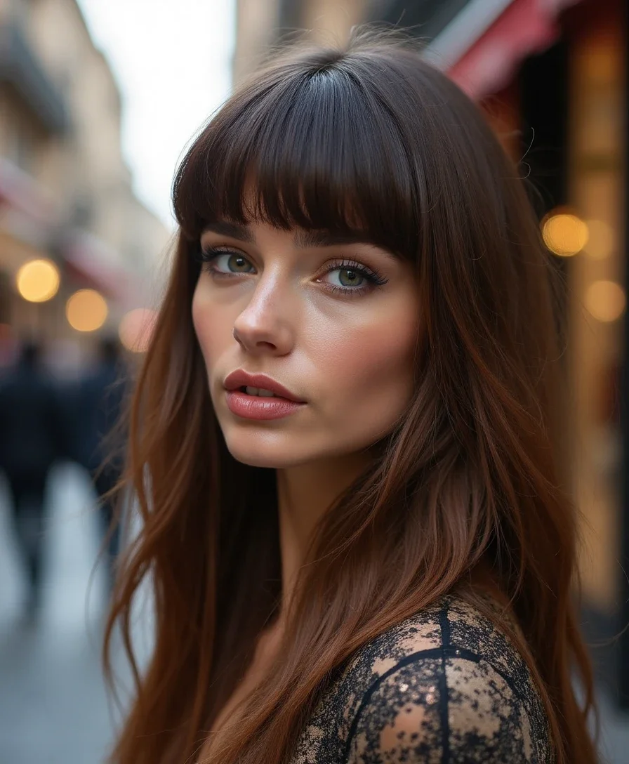 8. Blunt Bangs with Long Hair