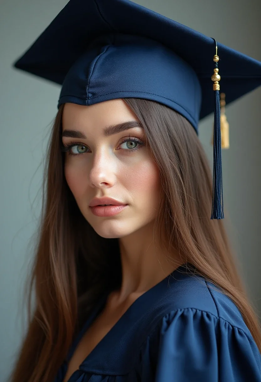 Graduate with sleek straight hair beneath a graduation cap.