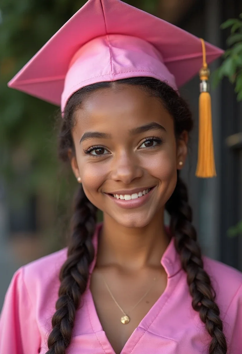 Graduate with a braided headband under a graduation cap.