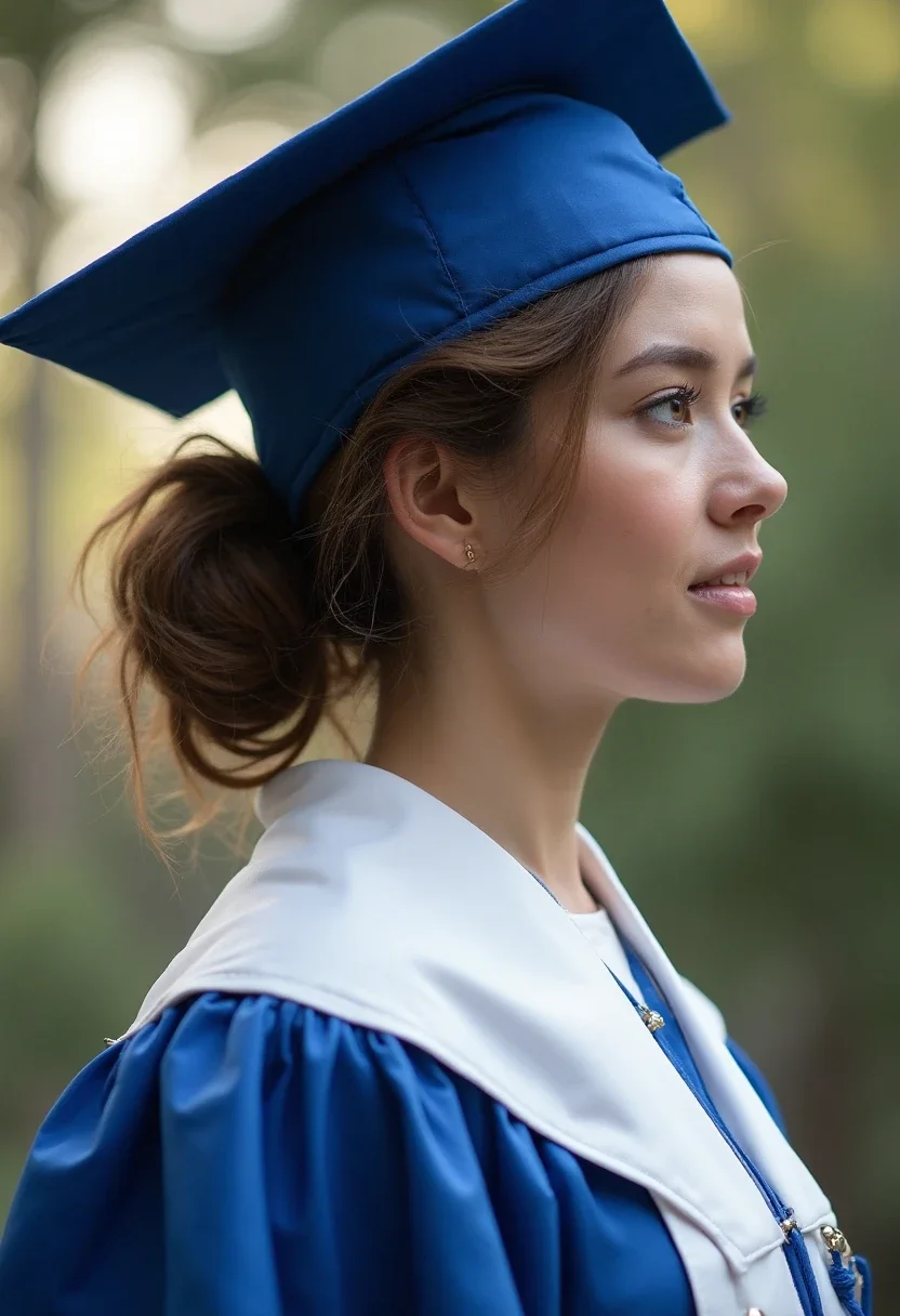 Graduate with a messy bun under a graduation cap.