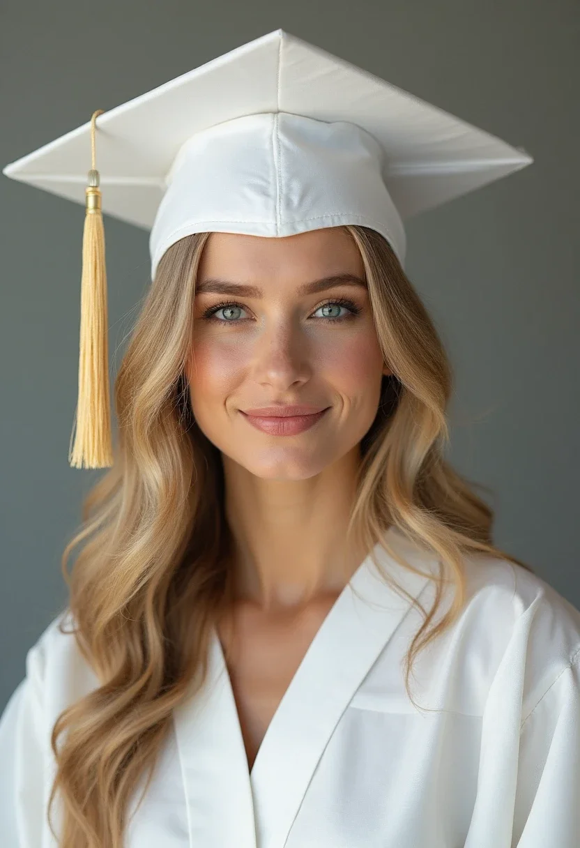 Graduate with loose waves under a graduation cap.