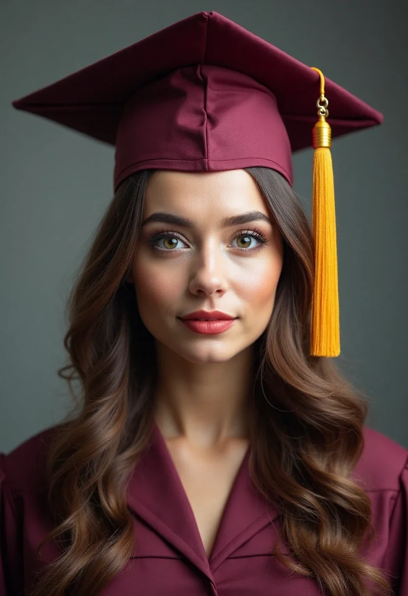 Graduate with a half-up half-down hairstyle under a graduation cap.