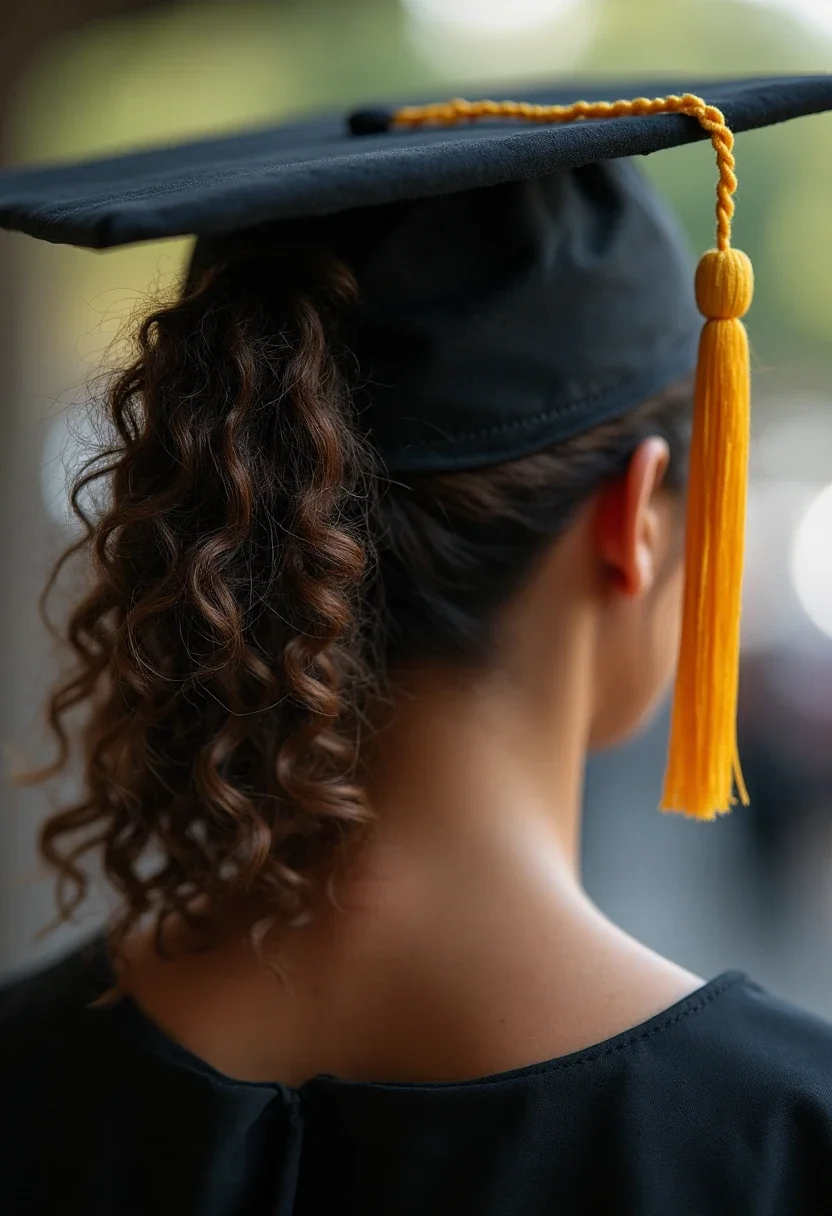 Graduate with a textured ponytail under a graduation cap.