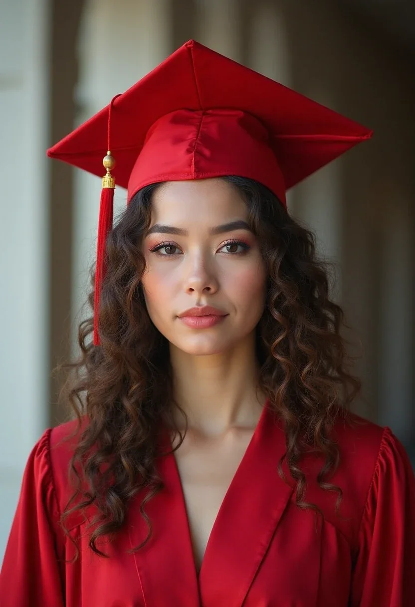 Graduate with soft curls under a graduation cap.