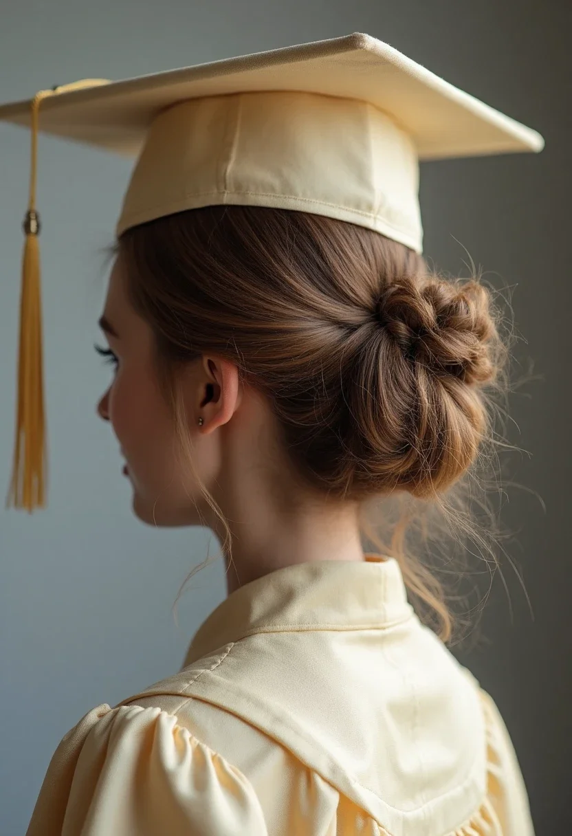 Graduate with a twisted chignon under a graduation cap.