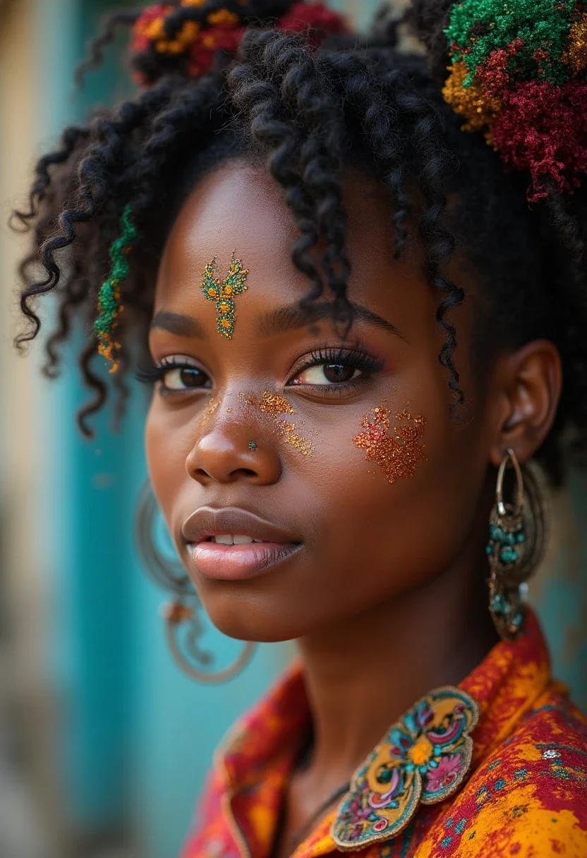 Festival-themed Bantu knots with glitter and bright colors.