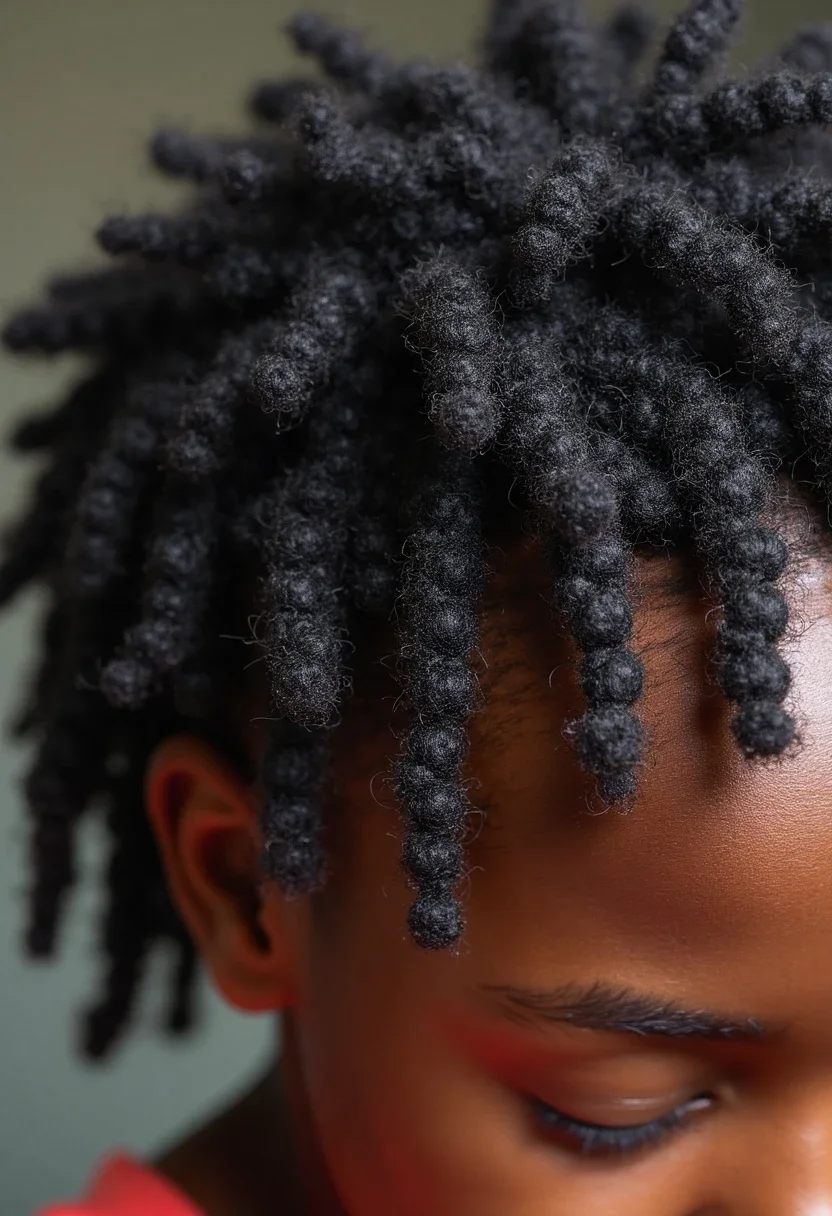 Detailed view of mini Bantu knots covering the entire head.