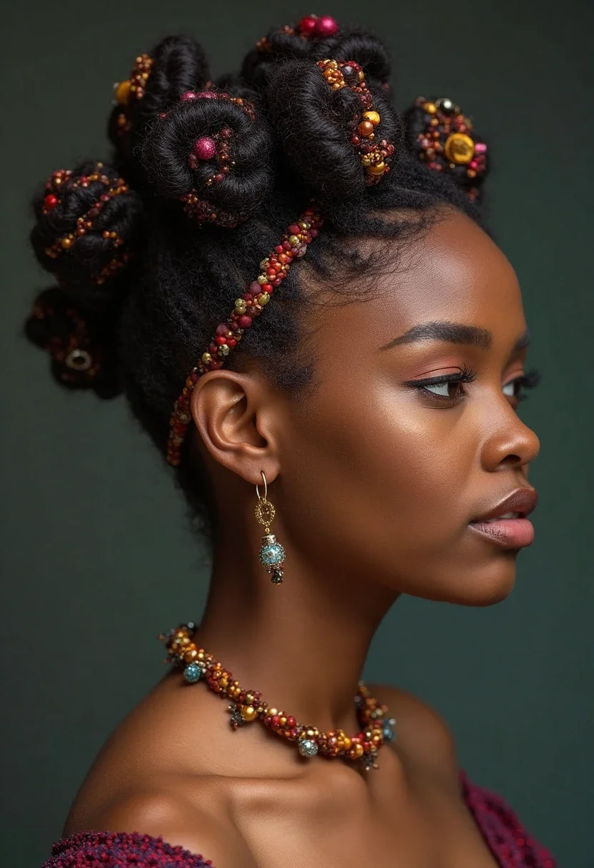 Bantu knots with accessories, including beads and headbands.
