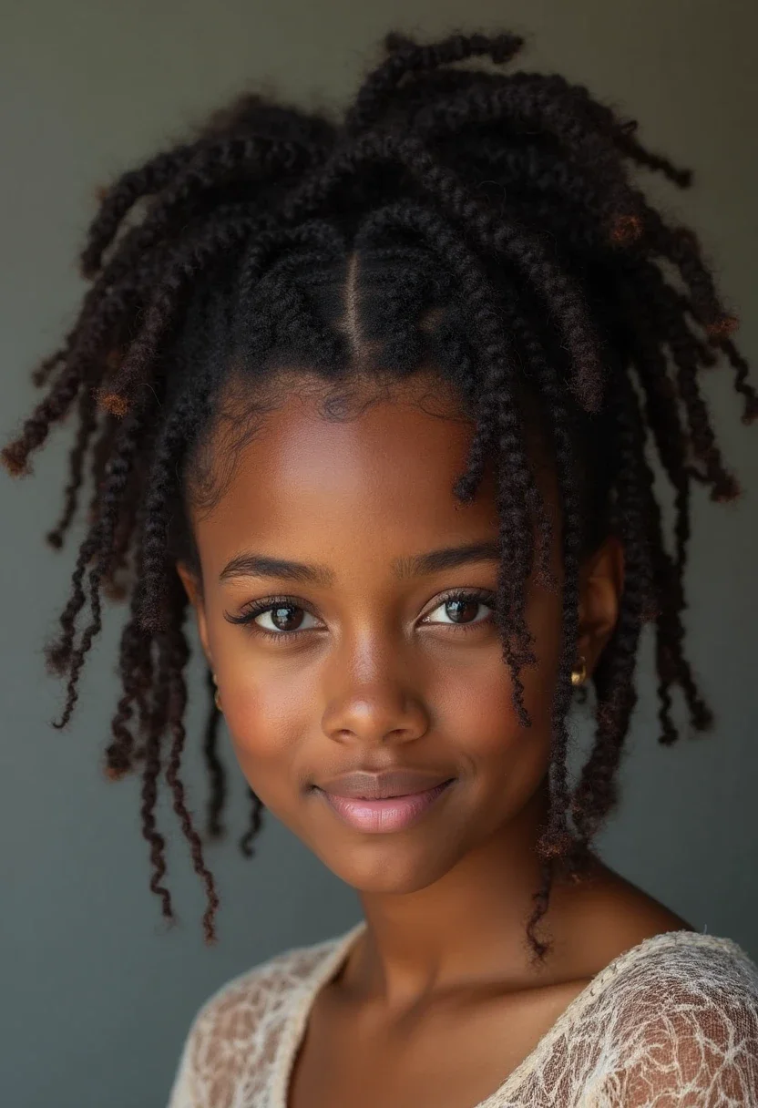 Bantu knots combined with braids, adding texture to the hairstyle.