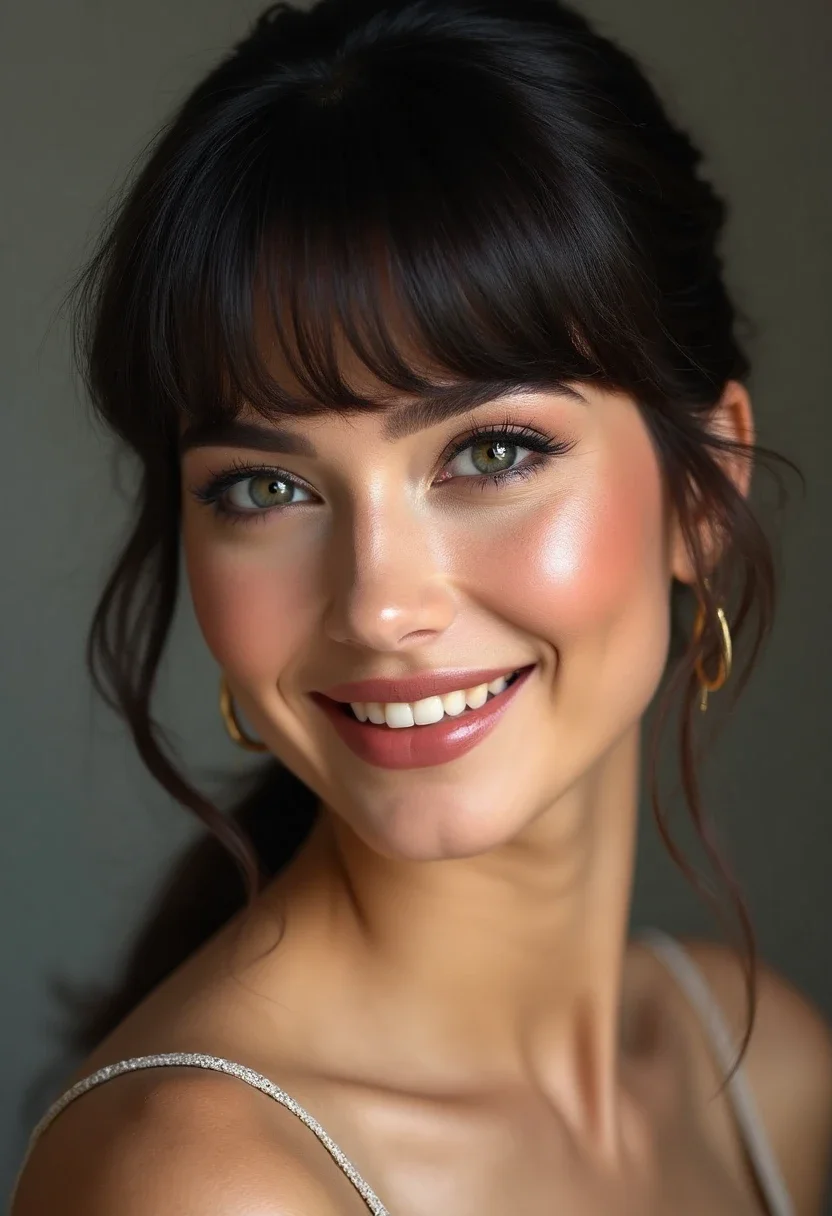 Woman with side-swept bangs that complement her square face