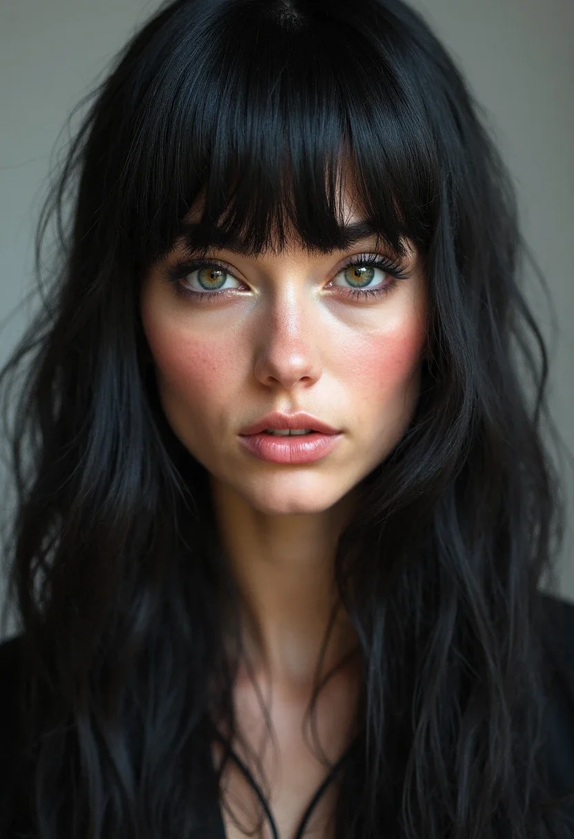 Woman with a long shag that flatters her square face
