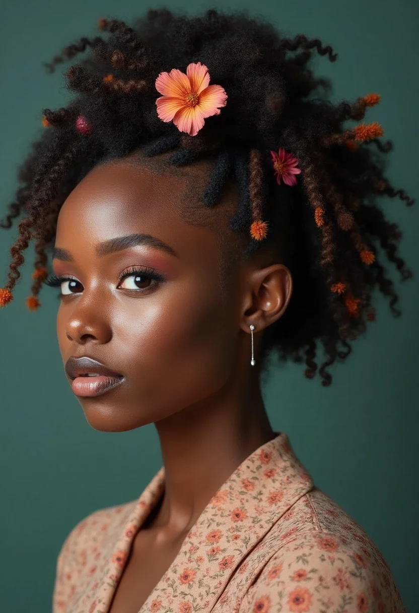 Elegant updo with soft locs and decorative pins.