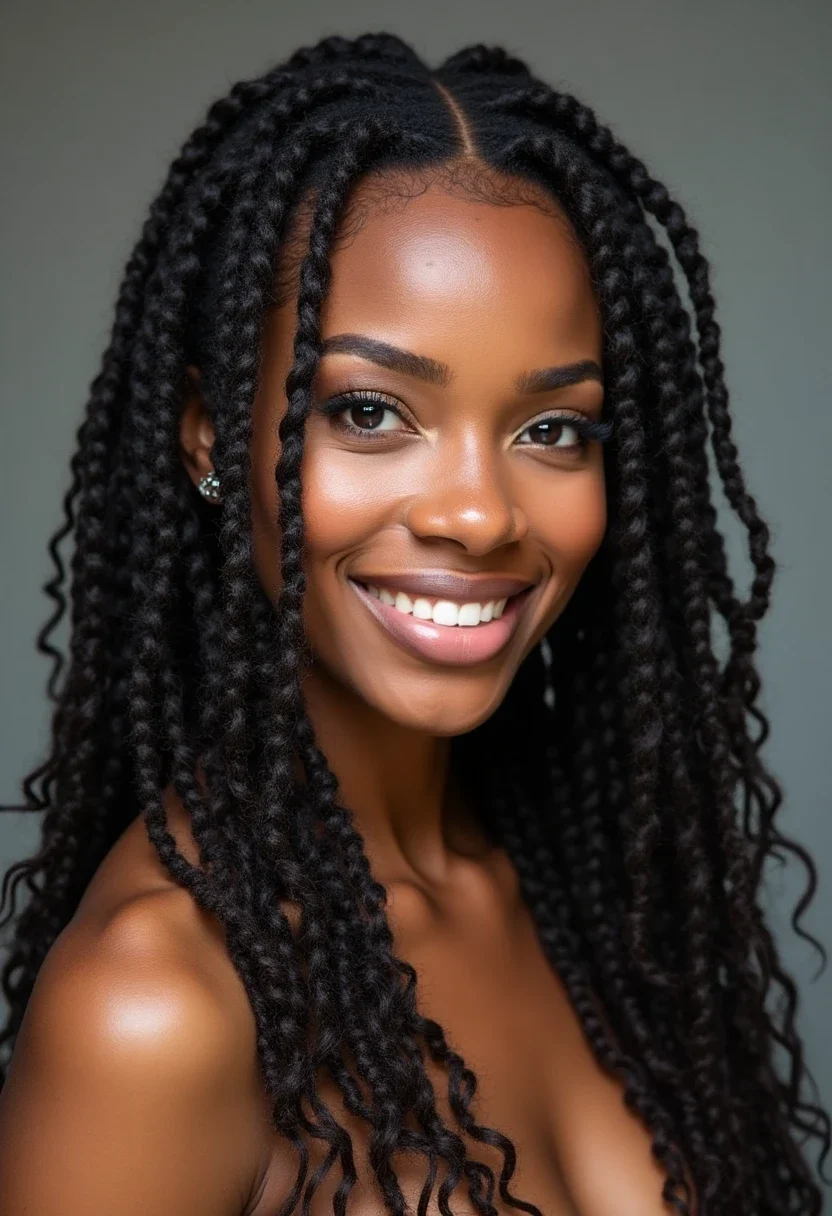 Half-up half-down soft locs style with cascading locs.