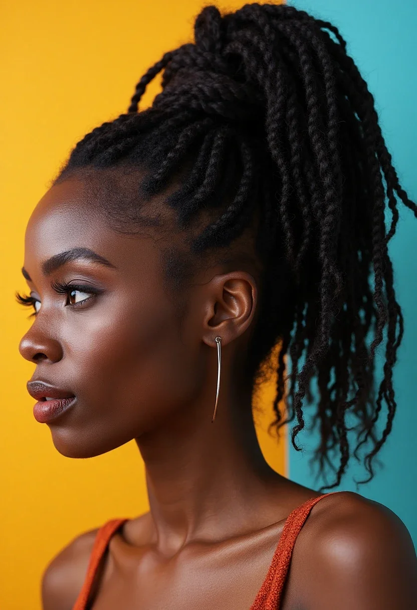 High ponytail of soft locs with flowing locs.