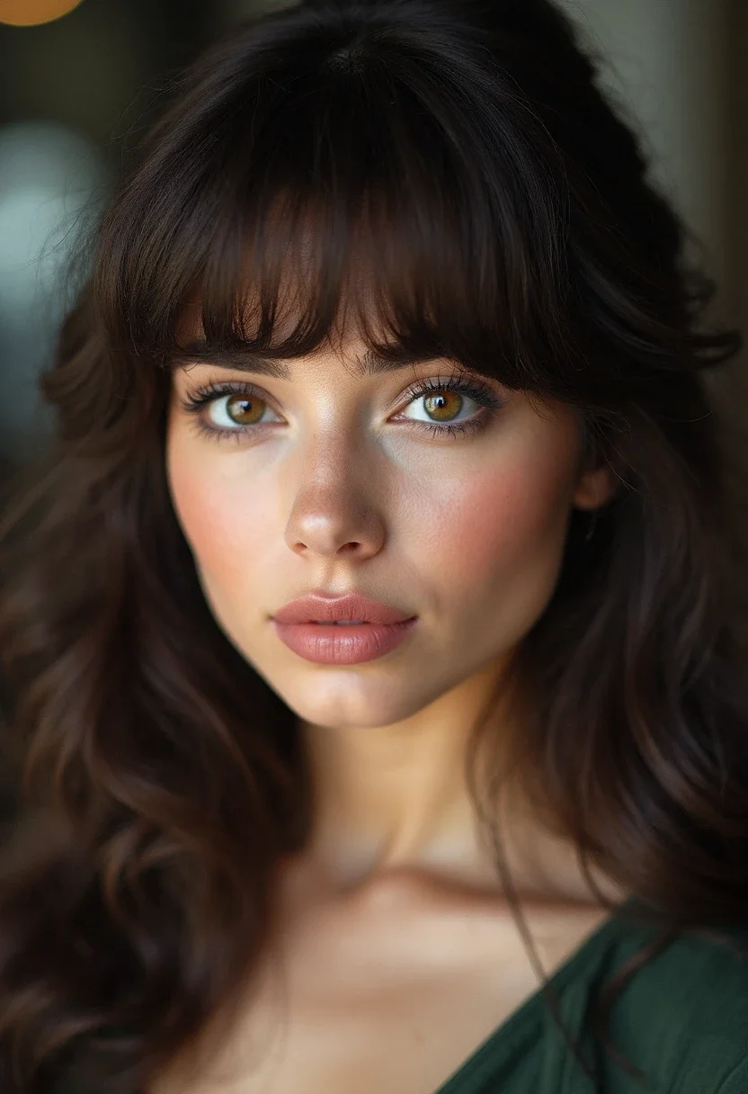 Woman with side-swept bangs showcasing a flattering hairstyle for a big forehead.