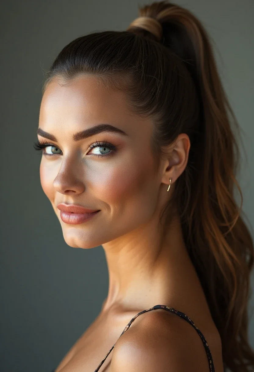 Woman with a high ponytail that complements her big forehead.