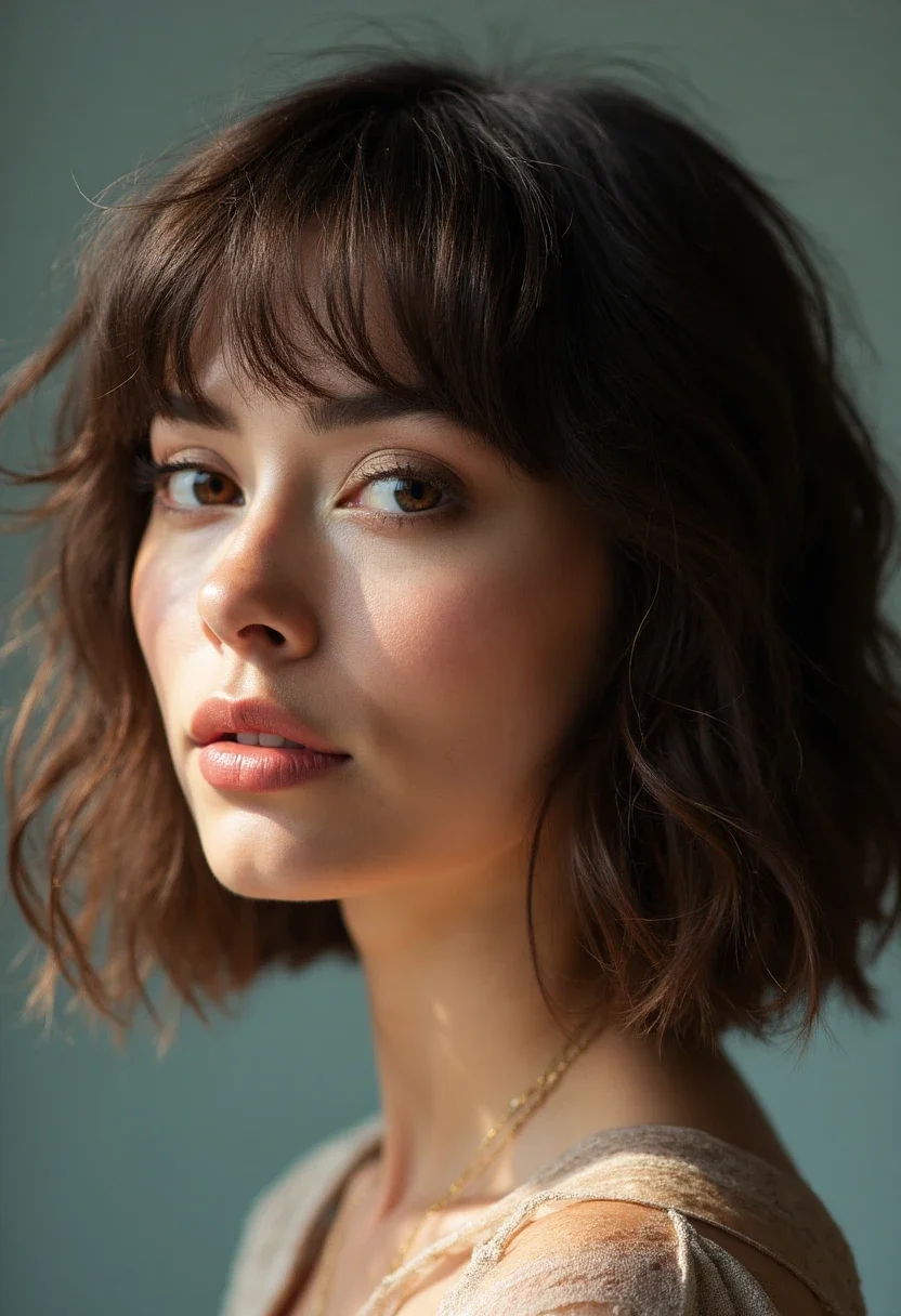 Woman with a textured lob that flatters her big forehead.