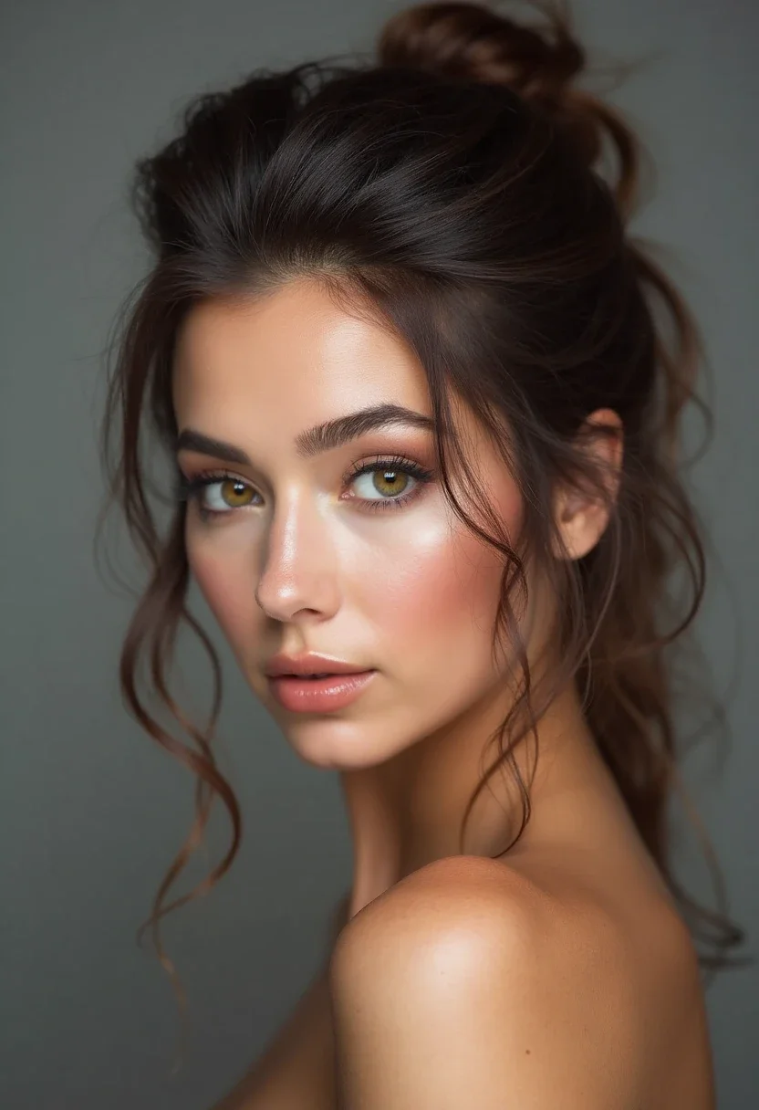 Woman with a half-up, half-down hairstyle that complements her big forehead.