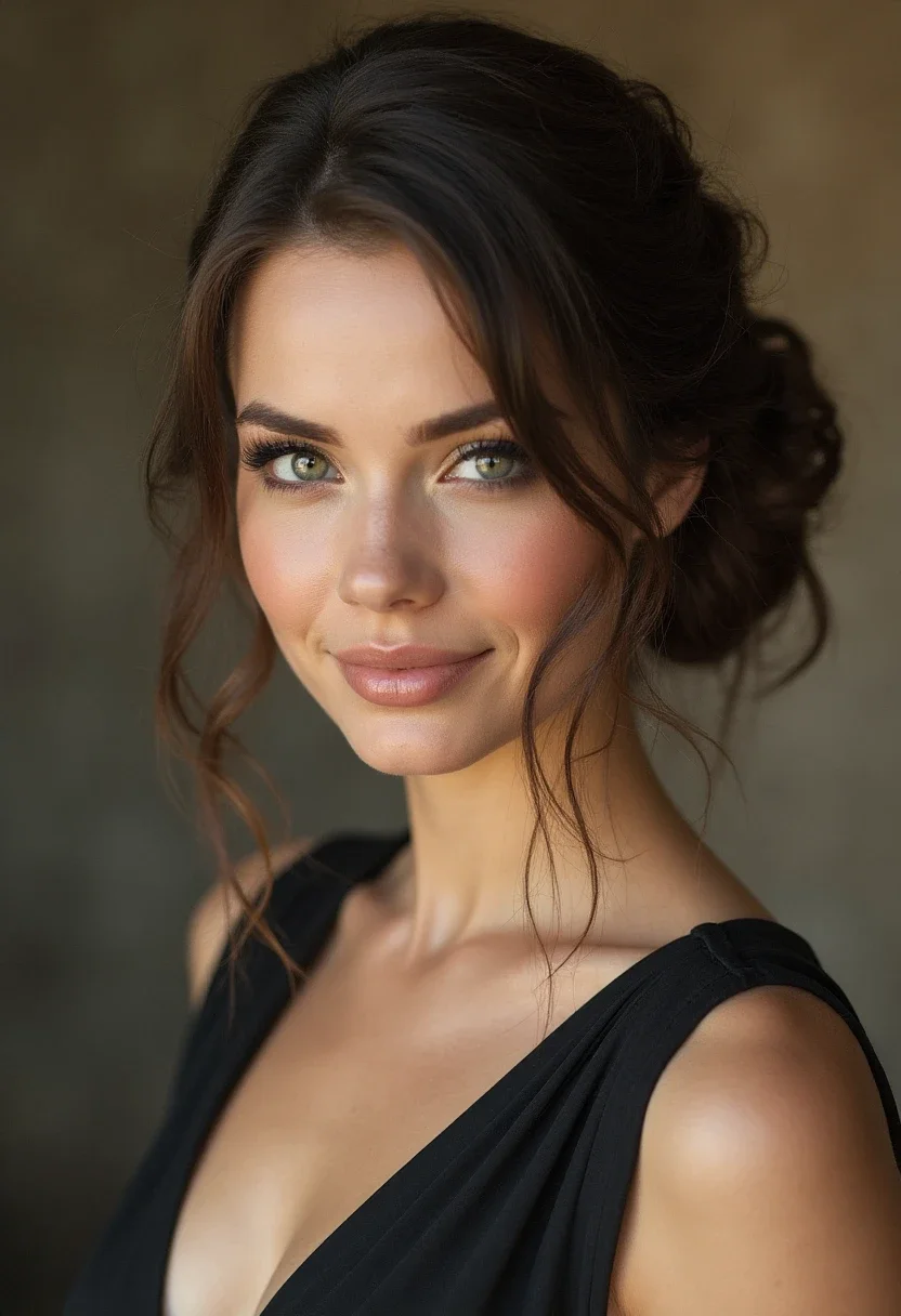 Woman with a sleek low bun that complements her big forehead.