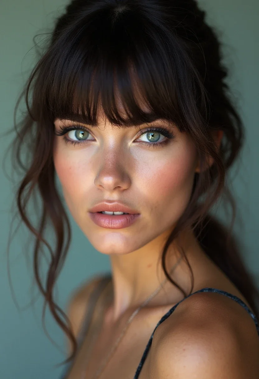 Woman with tapered bangs that enhance her big forehead.