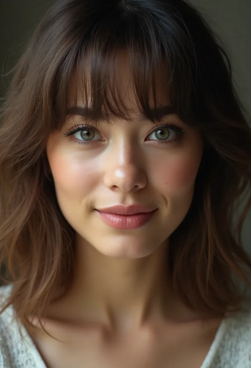 Woman with curtain bangs that enhance her facial features.