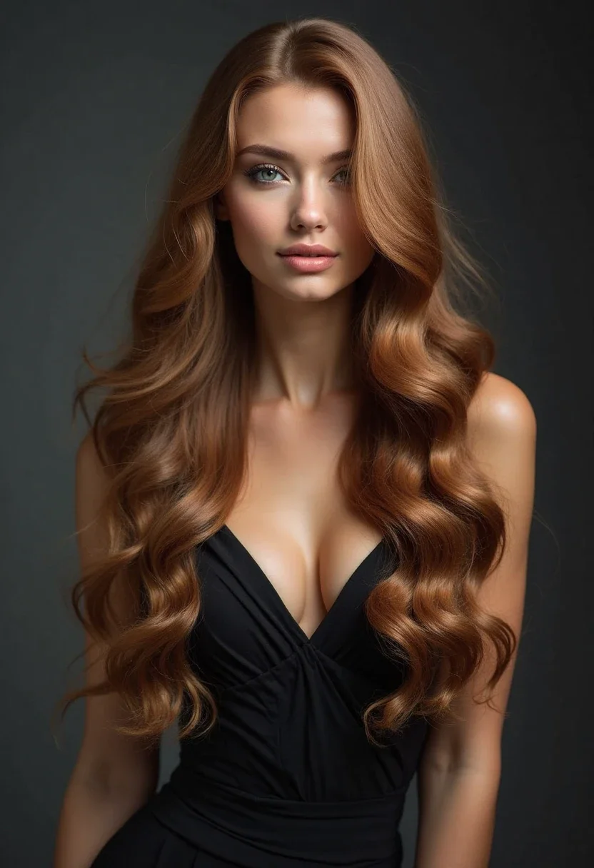 Woman with voluminous waves that complement her big forehead.