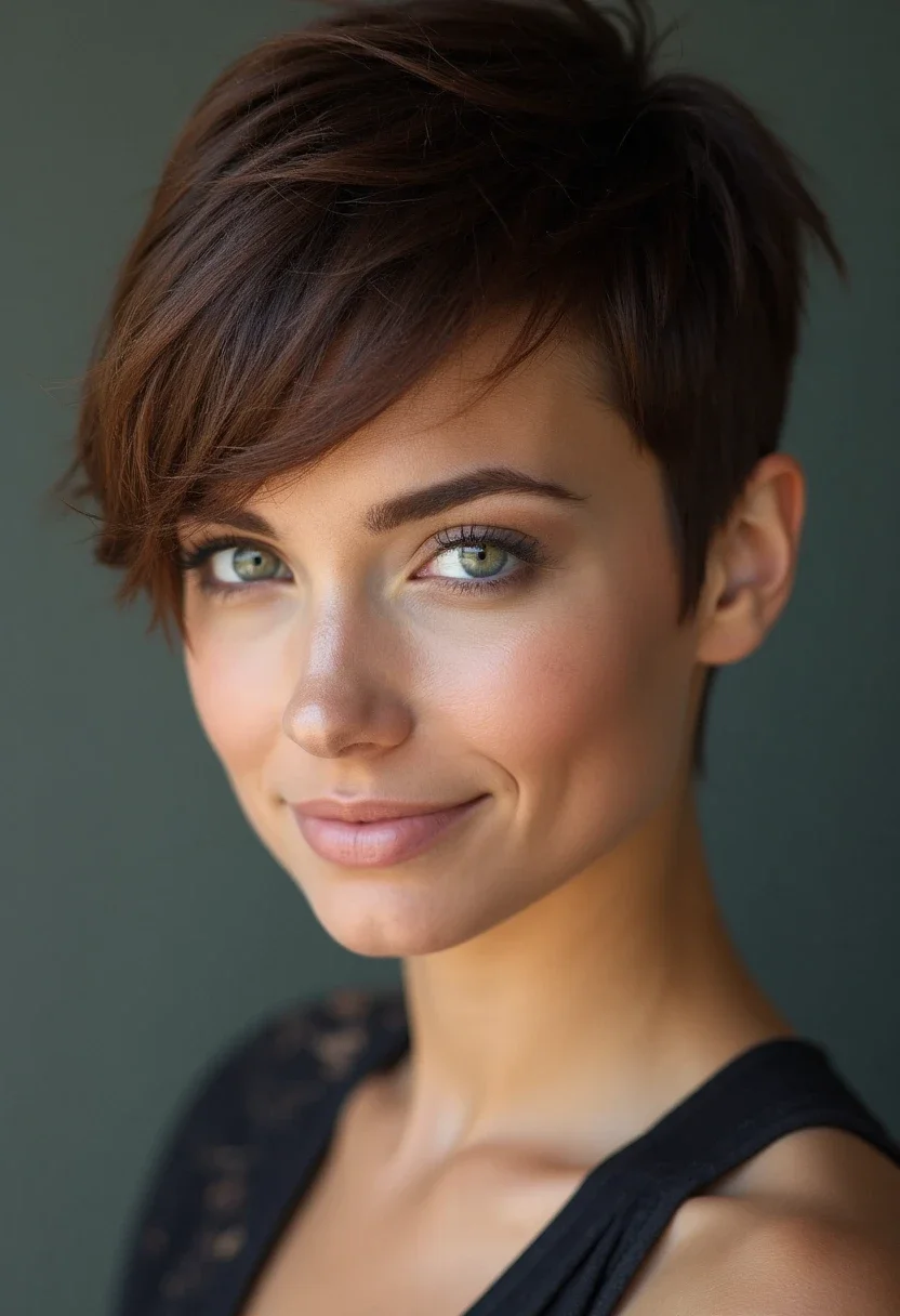 Woman with a pixie cut and fringe that enhances her big forehead.
