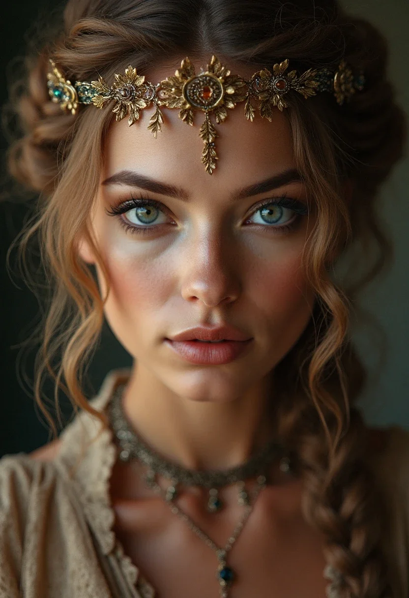 Woman with a braided crown hairstyle that complements her big forehead.
