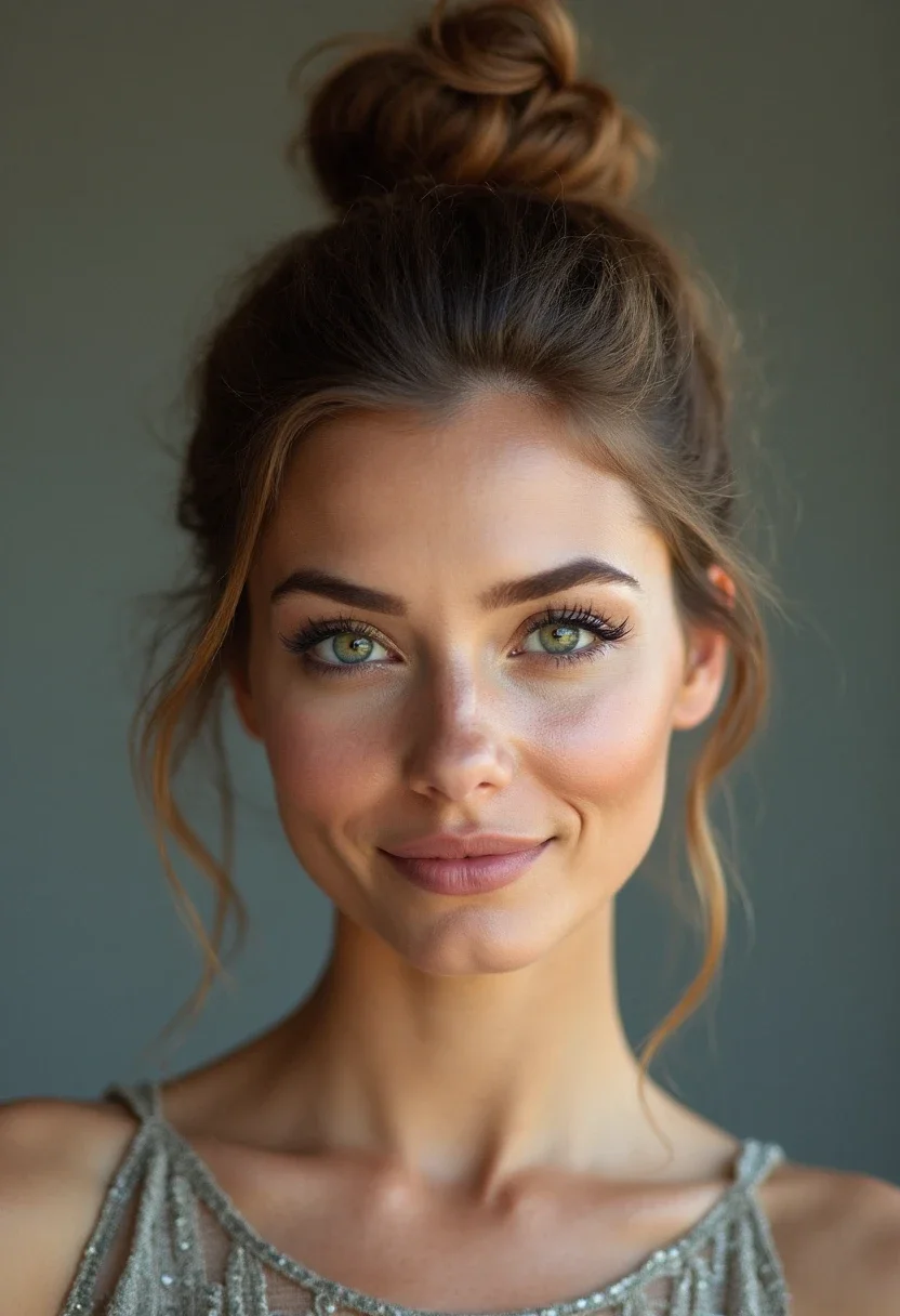 Woman with a top knot that complements her big forehead.