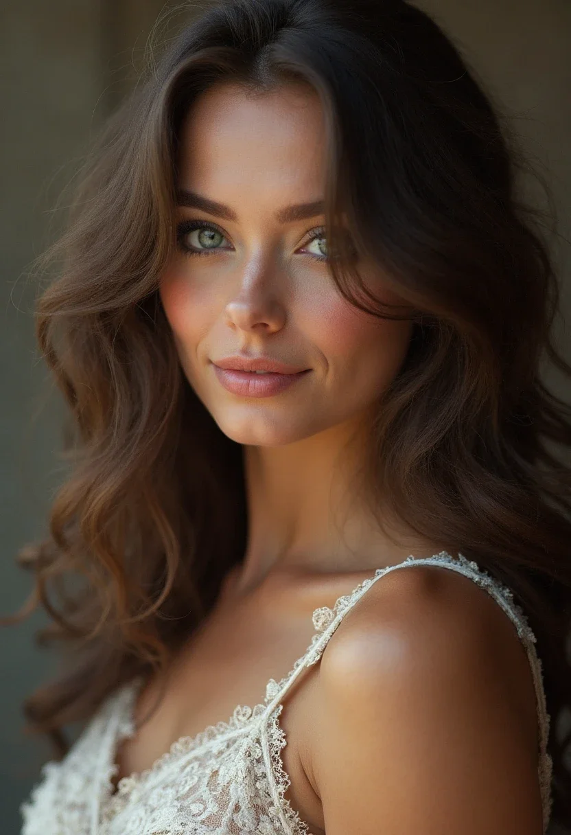 Woman with loose curls that enhance her big forehead.