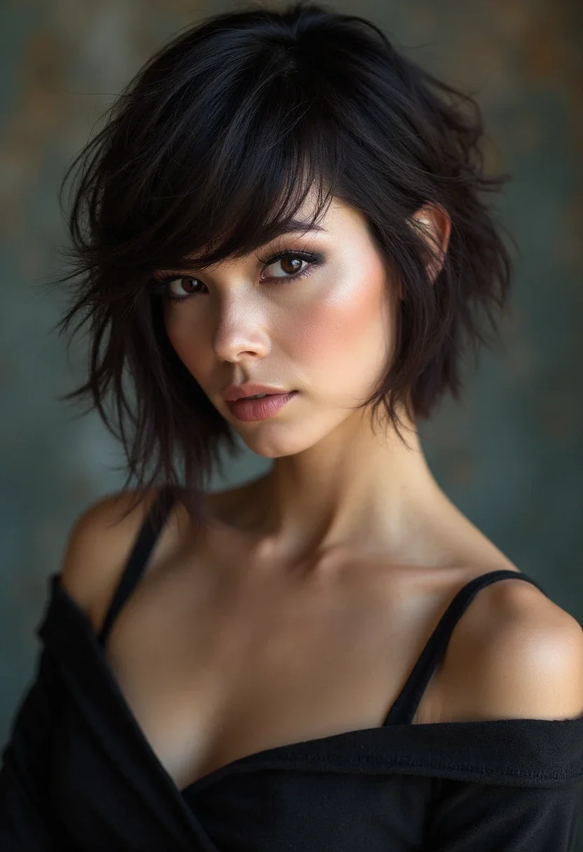 Woman with an asymmetrical bob that flatters her big forehead.