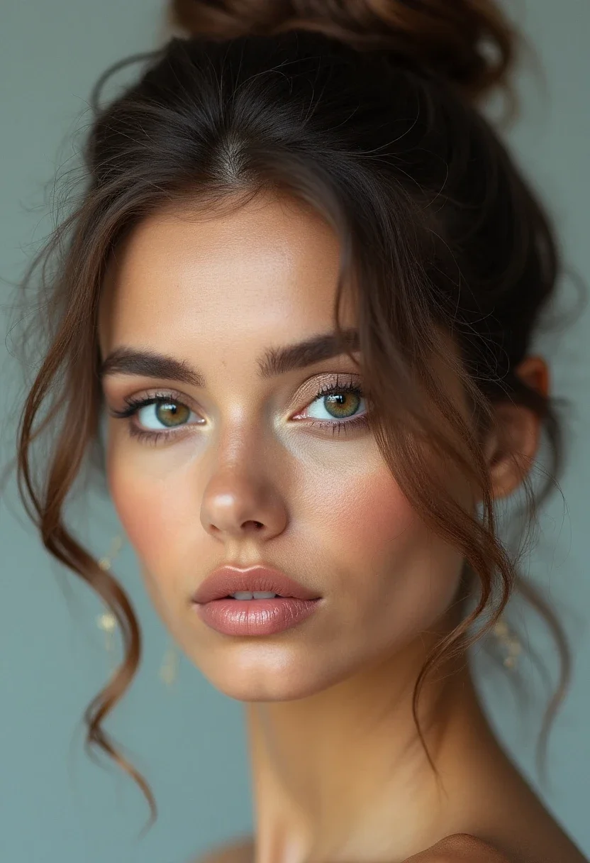 Diamond face shape with a messy bun hairstyle.