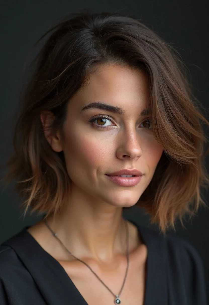 Diamond face shape with a textured bob hairstyle.