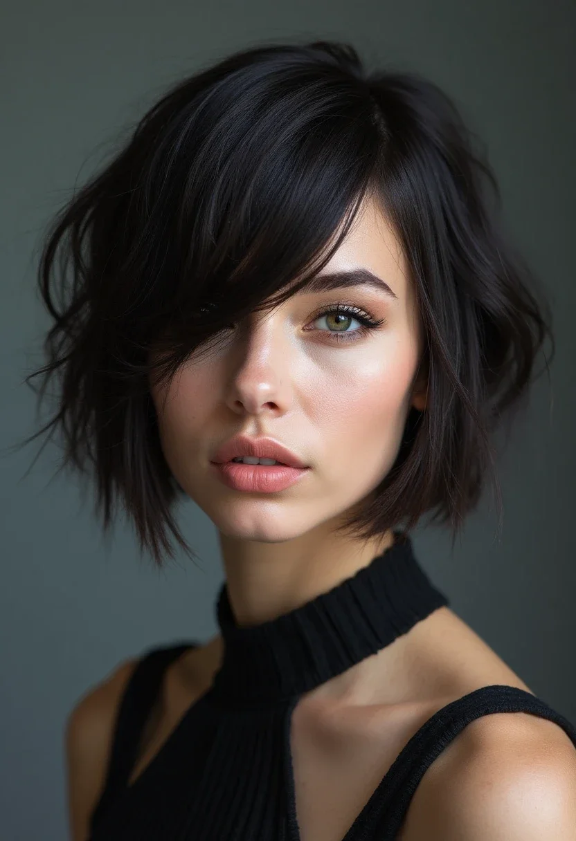 Diamond face shape with an asymmetrical bob hairstyle.