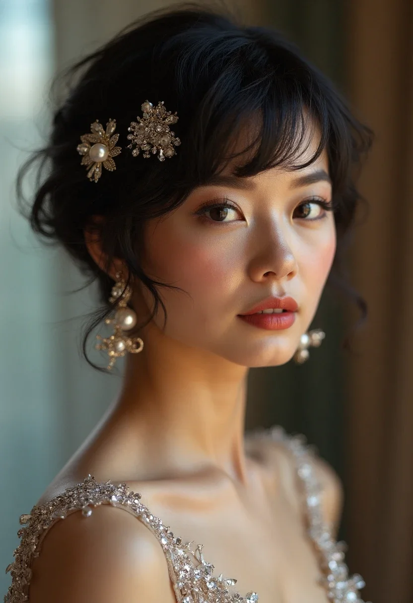 Woman with bejeweled hair clips in a shimmering gown.