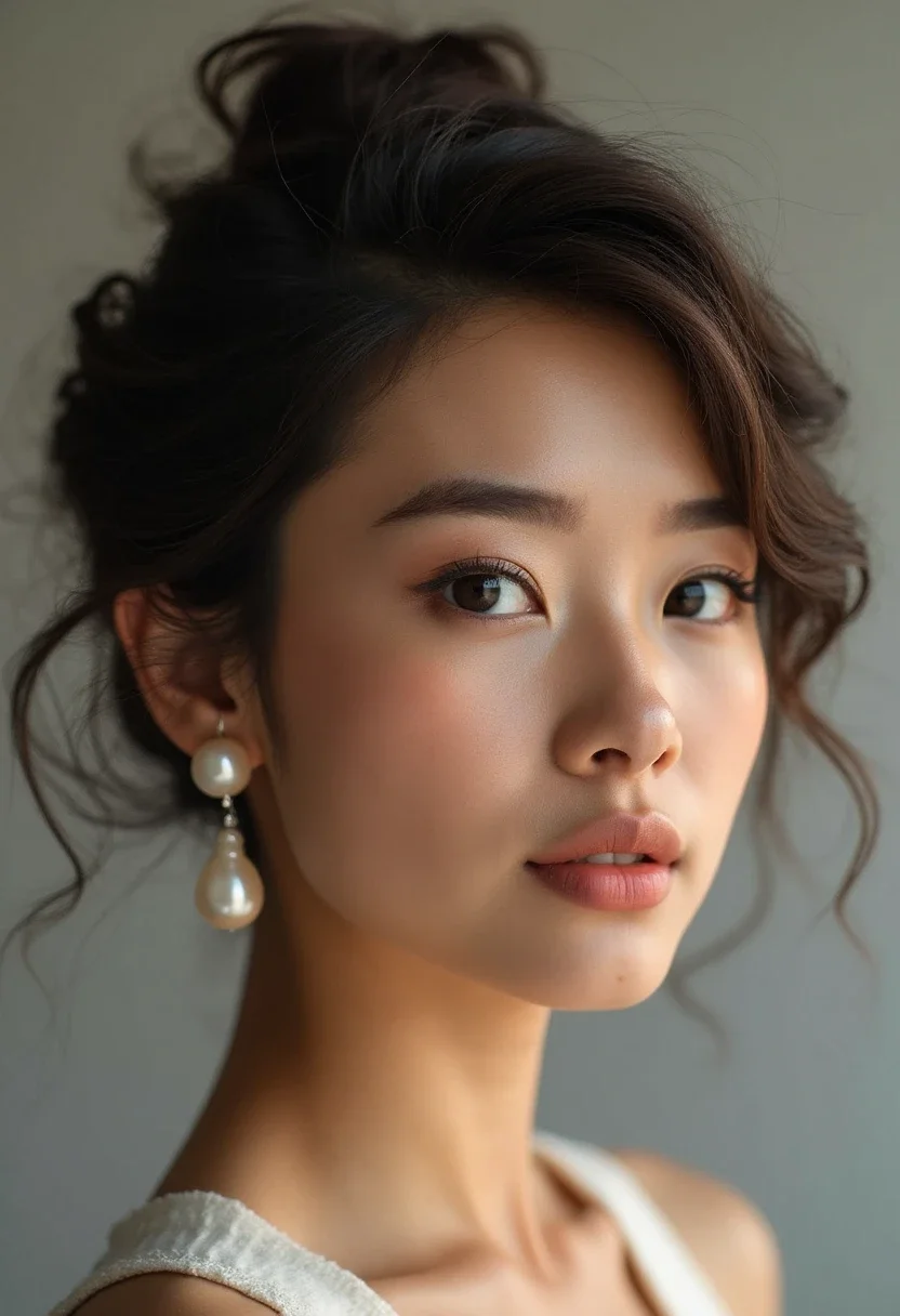 Woman with a twisted updo and pearl earrings.