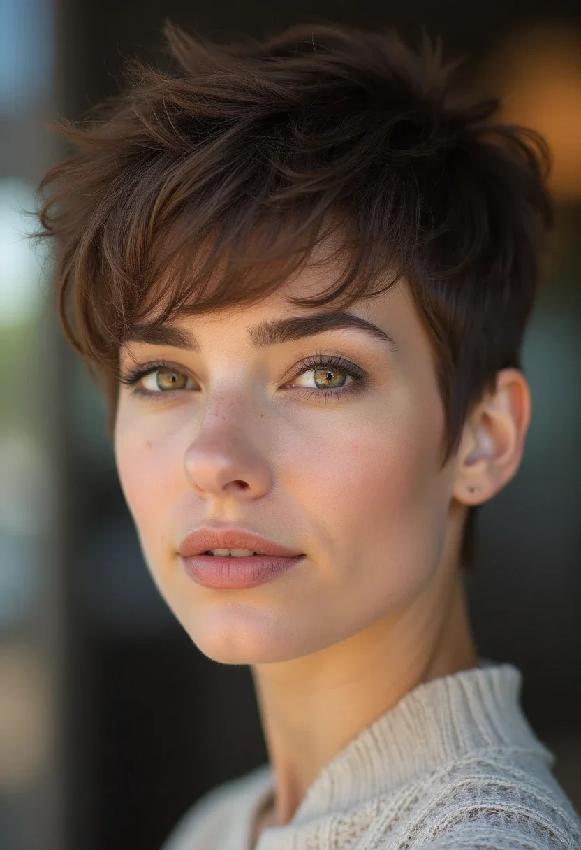 Woman with classic pixie cut and neat layers