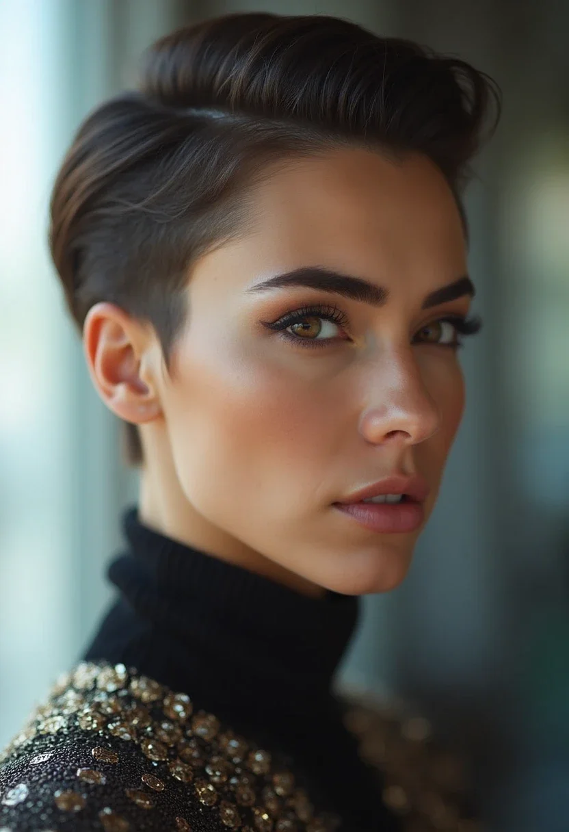 Woman with slicked-back hairstyle on short hair